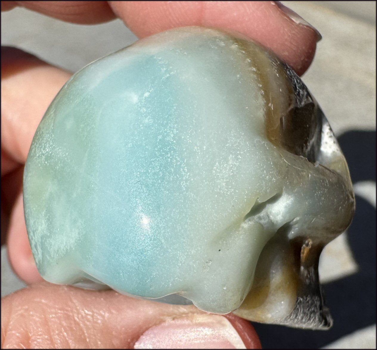 Peruvian BLUE OPAL Crystal Skull LOTS of Pyrite inclusions