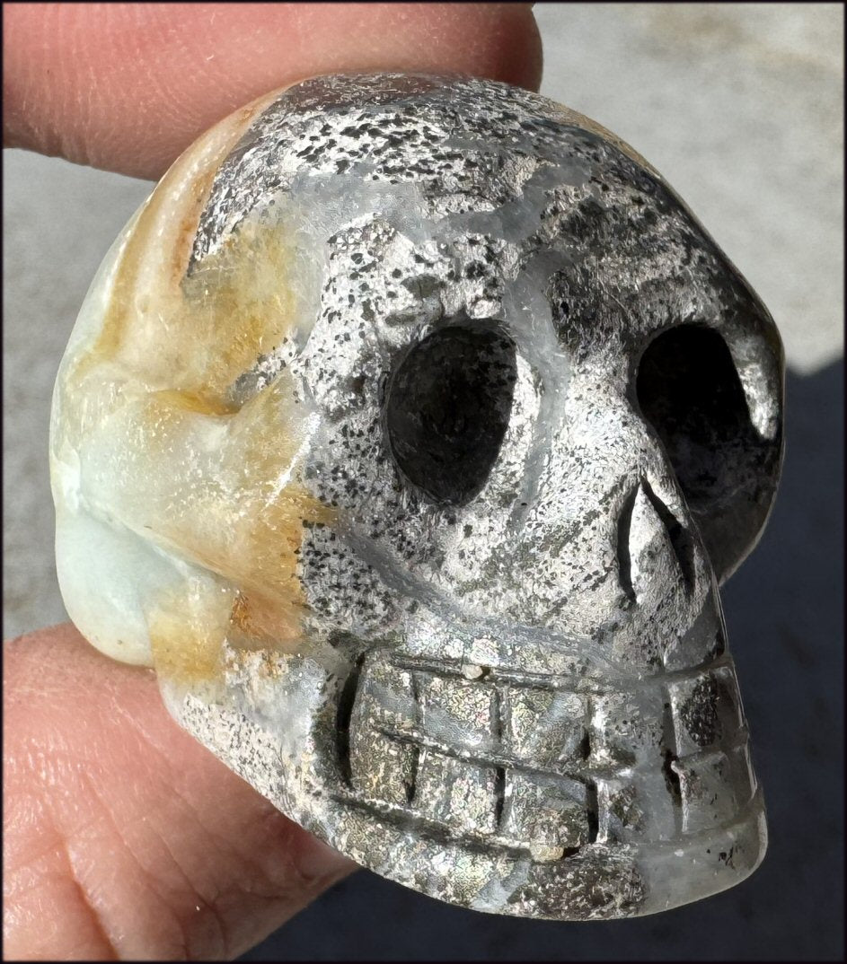 Peruvian BLUE OPAL Crystal Skull LOTS of Pyrite inclusions