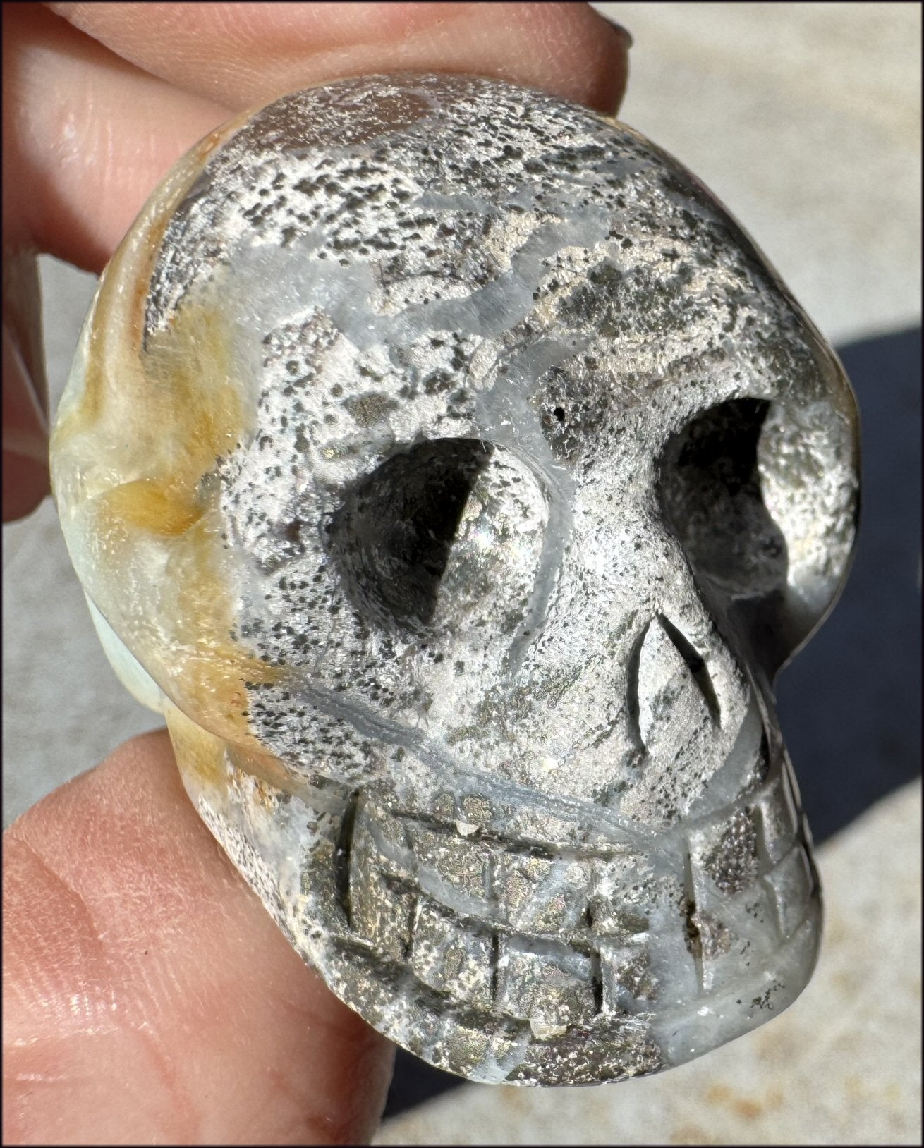 Peruvian BLUE OPAL Crystal Skull LOTS of Pyrite inclusions