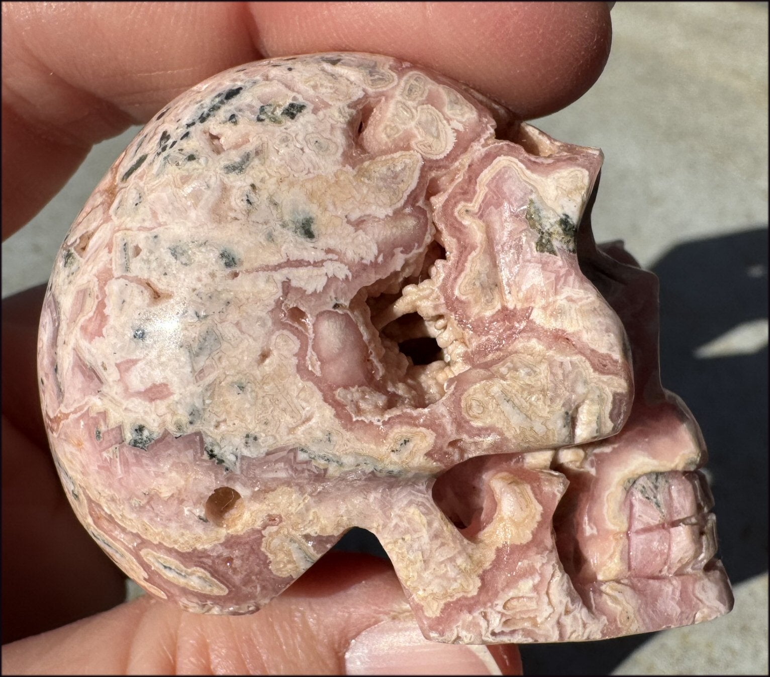 RHODOCHROSITE Crystal Skull with Fantastic VUGS - Stone of Love & Balance!