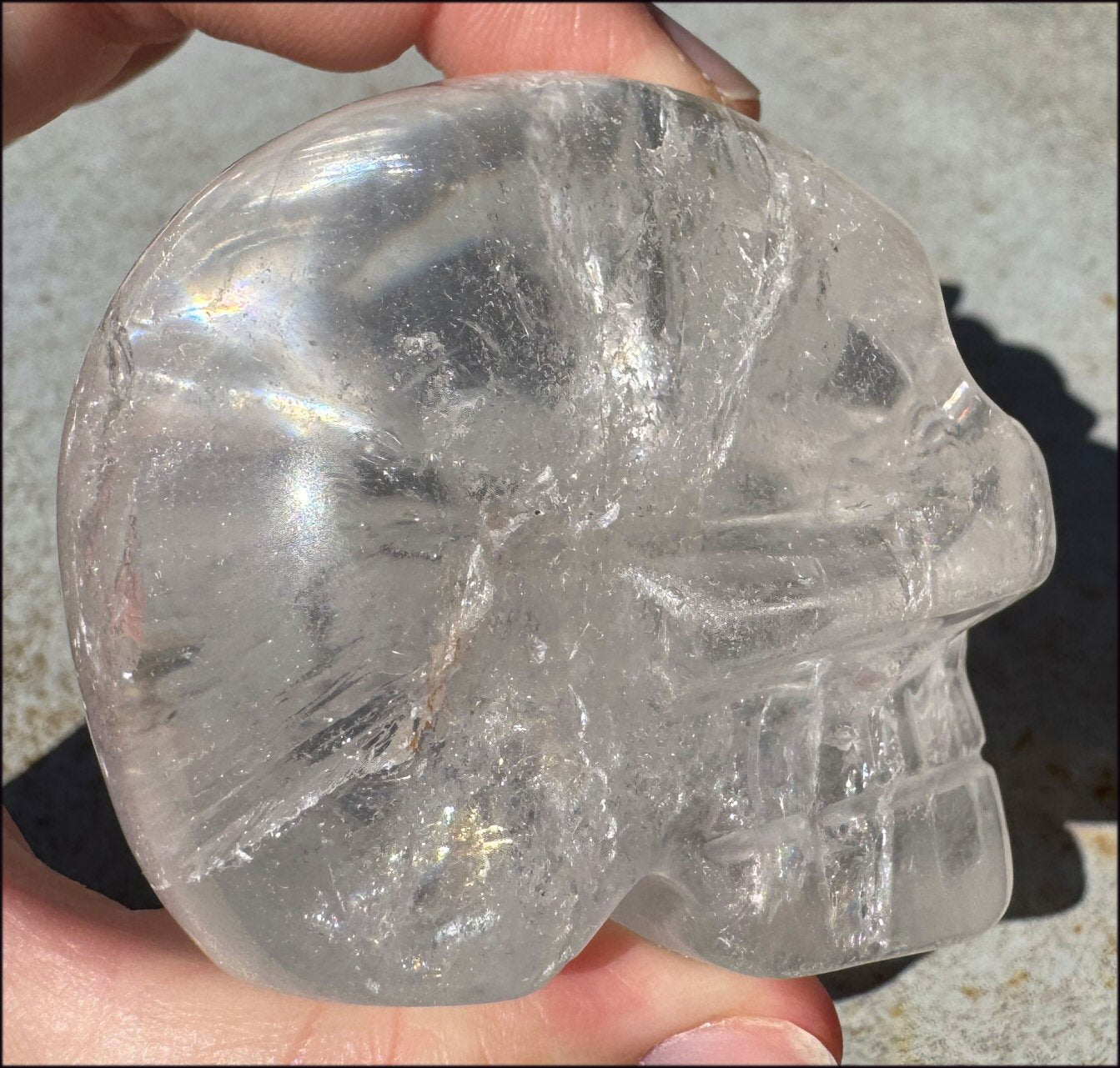 RETIRED XL Quartz Mayan Shaman Style Crystal Skull with Hematite, Shimmery Rainbows