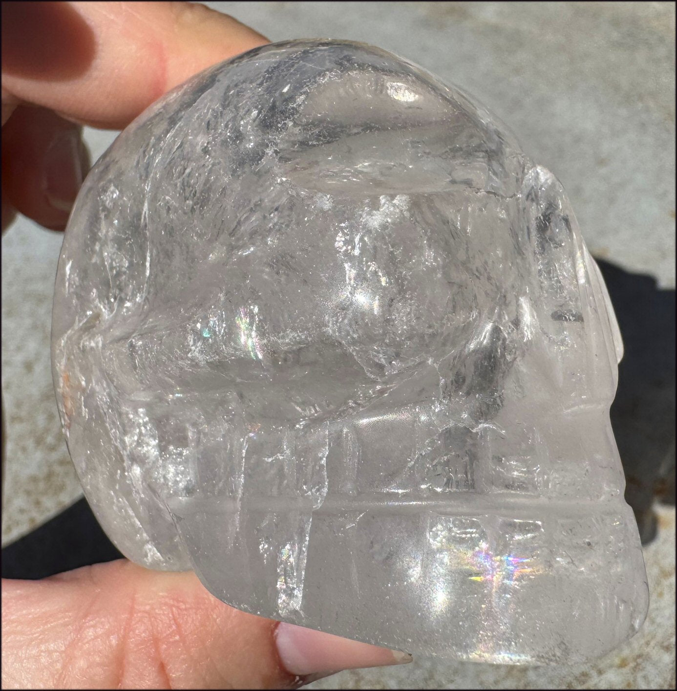 RETIRED XL Quartz Mayan Shaman Style Crystal Skull with Hematite, Shimmery Rainbows