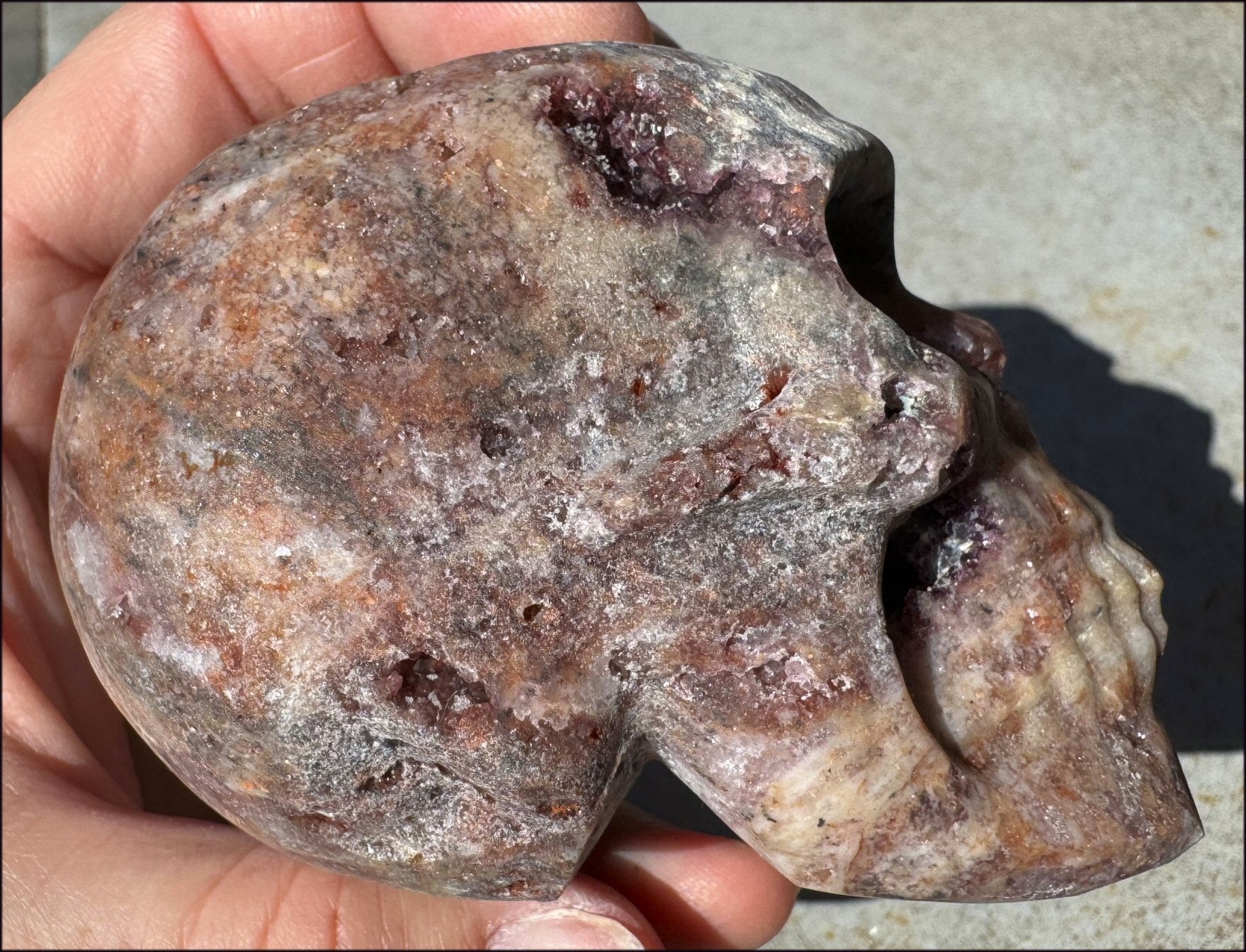 ~NEW~ XL Brecciated Pink Fluorite Crystal Skull with Sparkly VUGS