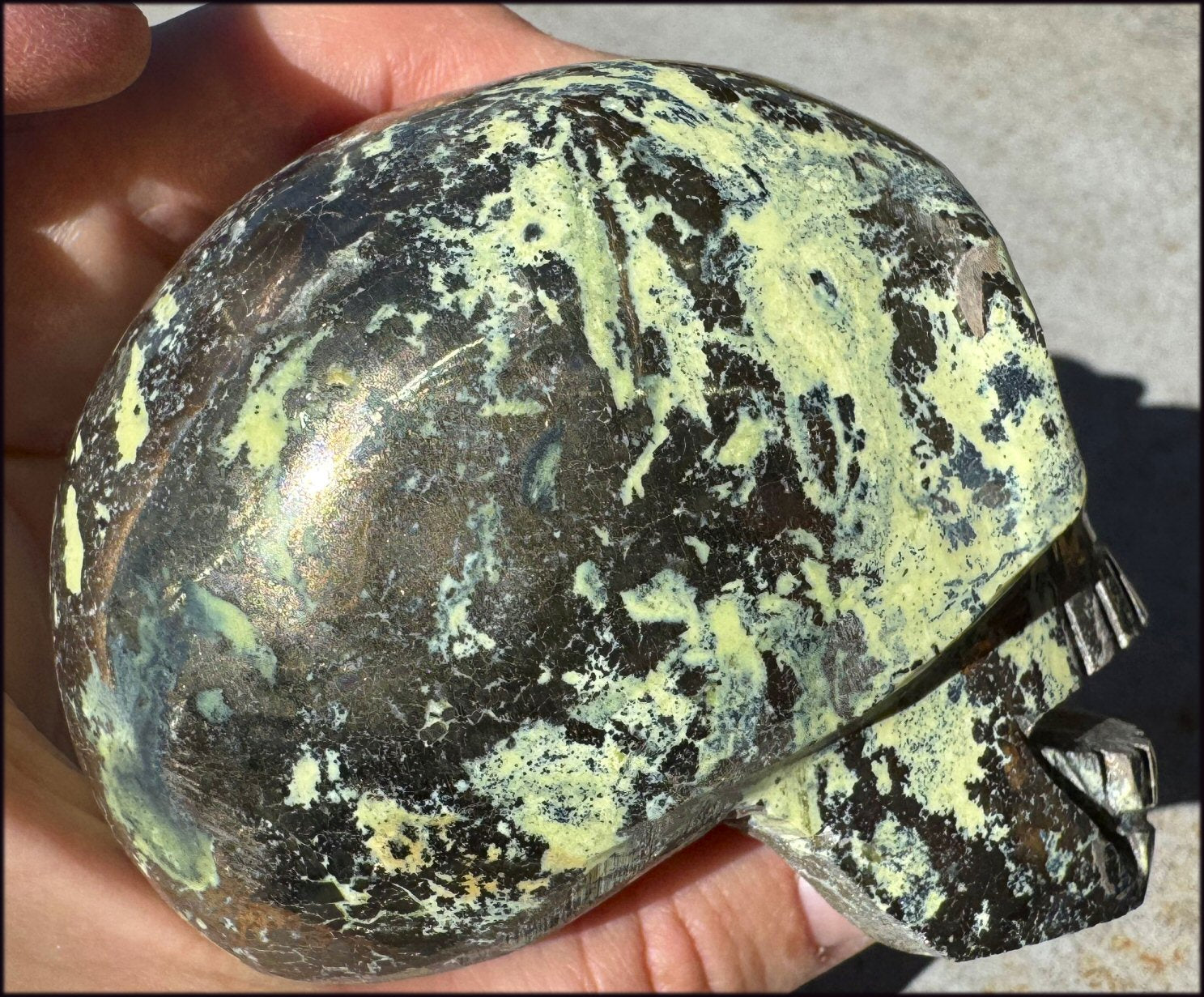 XL Peruvian GREEN Opal Singing Crystal Skull with Fantastic Pyrite inclusions