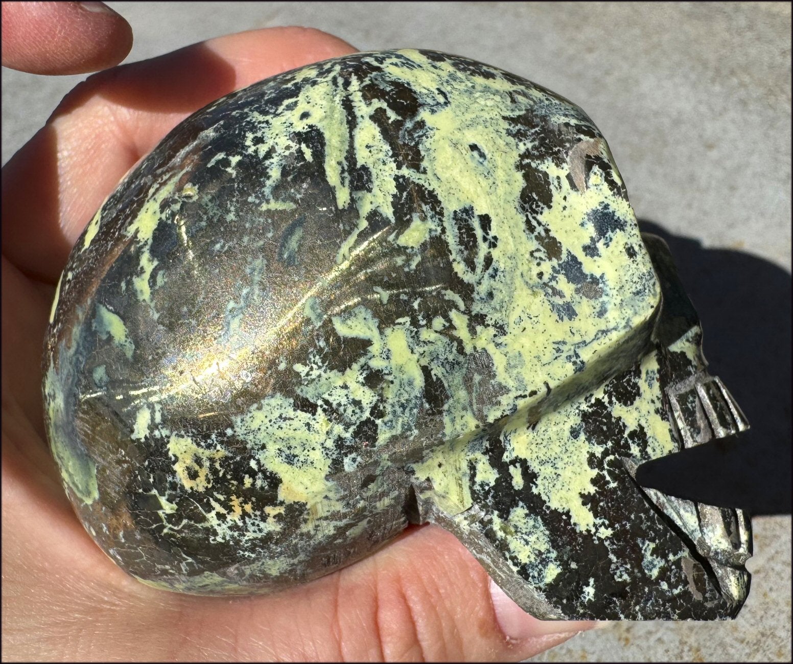 XL Peruvian GREEN Opal Singing Crystal Skull with Fantastic Pyrite inclusions