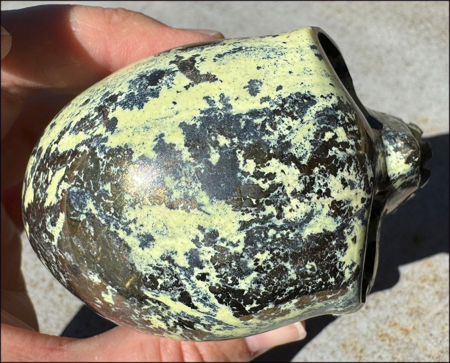 XL Peruvian GREEN Opal Singing Crystal Skull with Fantastic Pyrite inclusions