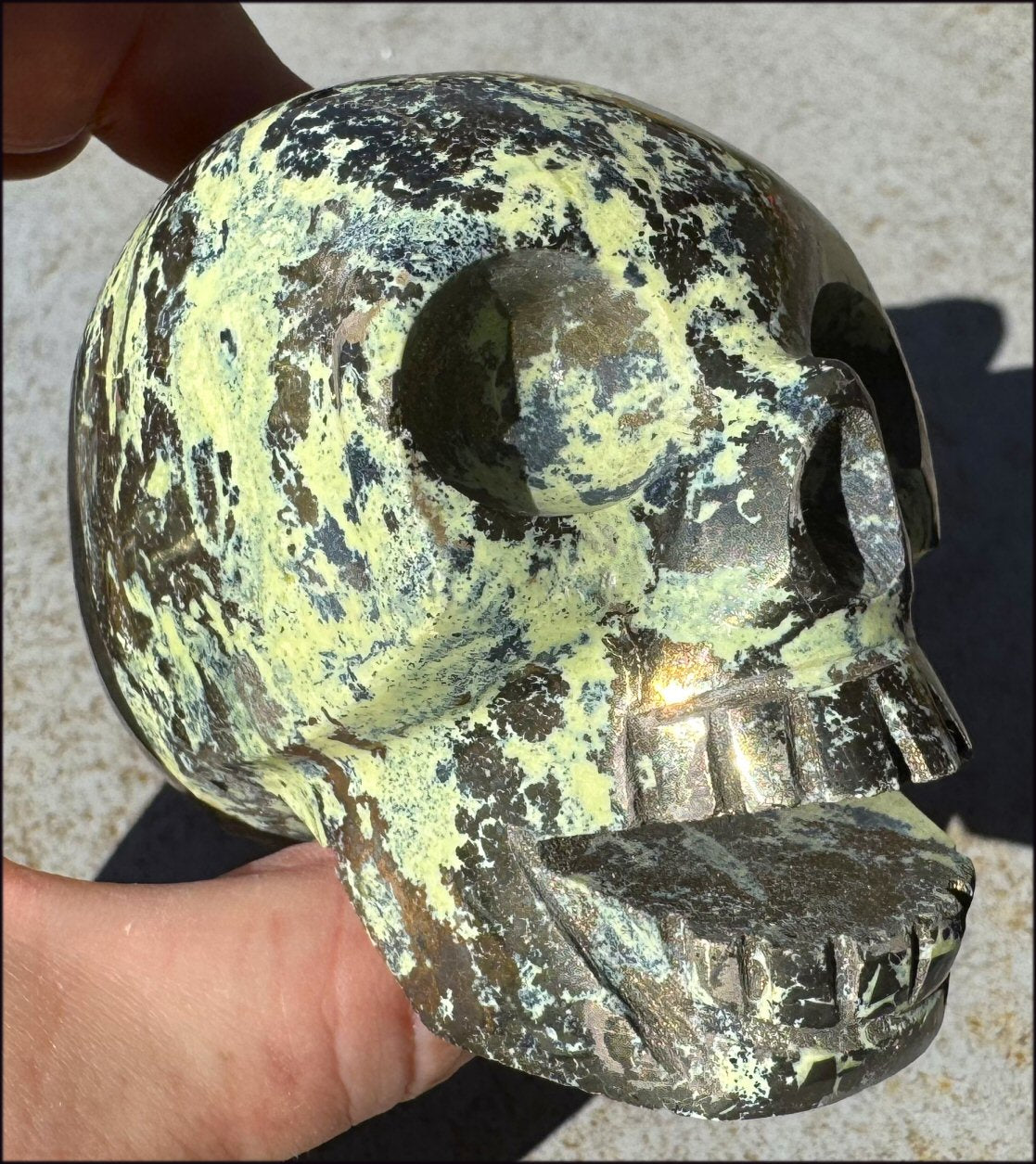 XL Peruvian GREEN Opal Singing Crystal Skull with Fantastic Pyrite inclusions