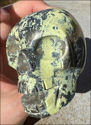 XL Peruvian GREEN Opal Singing Crystal Skull with Fantastic Pyrite inclusions