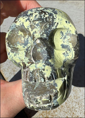 XL Peruvian GREEN Opal Singing Crystal Skull with Fantastic Pyrite inclusions