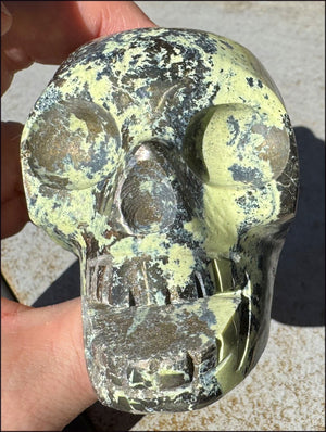 XL Peruvian GREEN Opal Singing Crystal Skull with Fantastic Pyrite inclusions