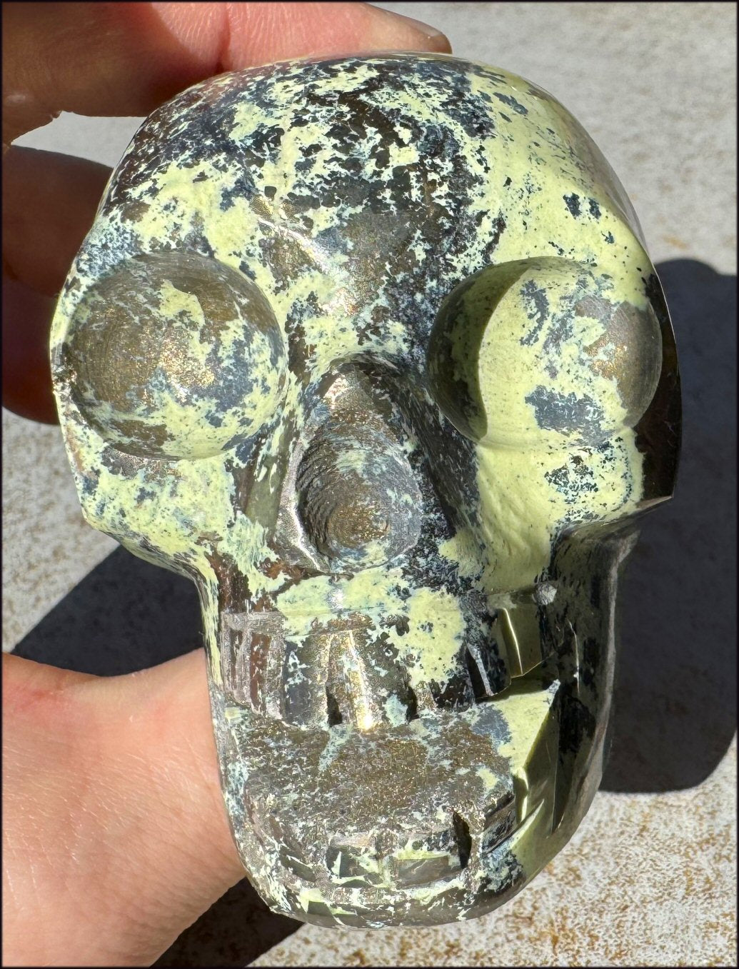 XL Peruvian GREEN Opal Singing Crystal Skull with Fantastic Pyrite inclusions