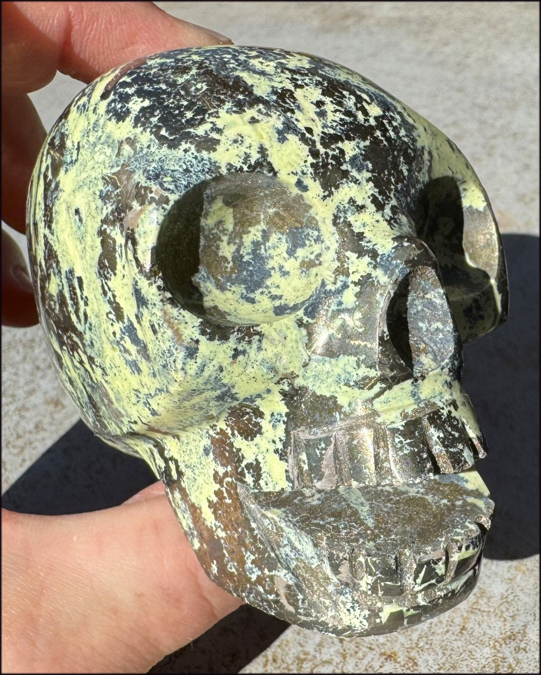 XL Peruvian GREEN Opal Singing Crystal Skull with Fantastic Pyrite inclusions