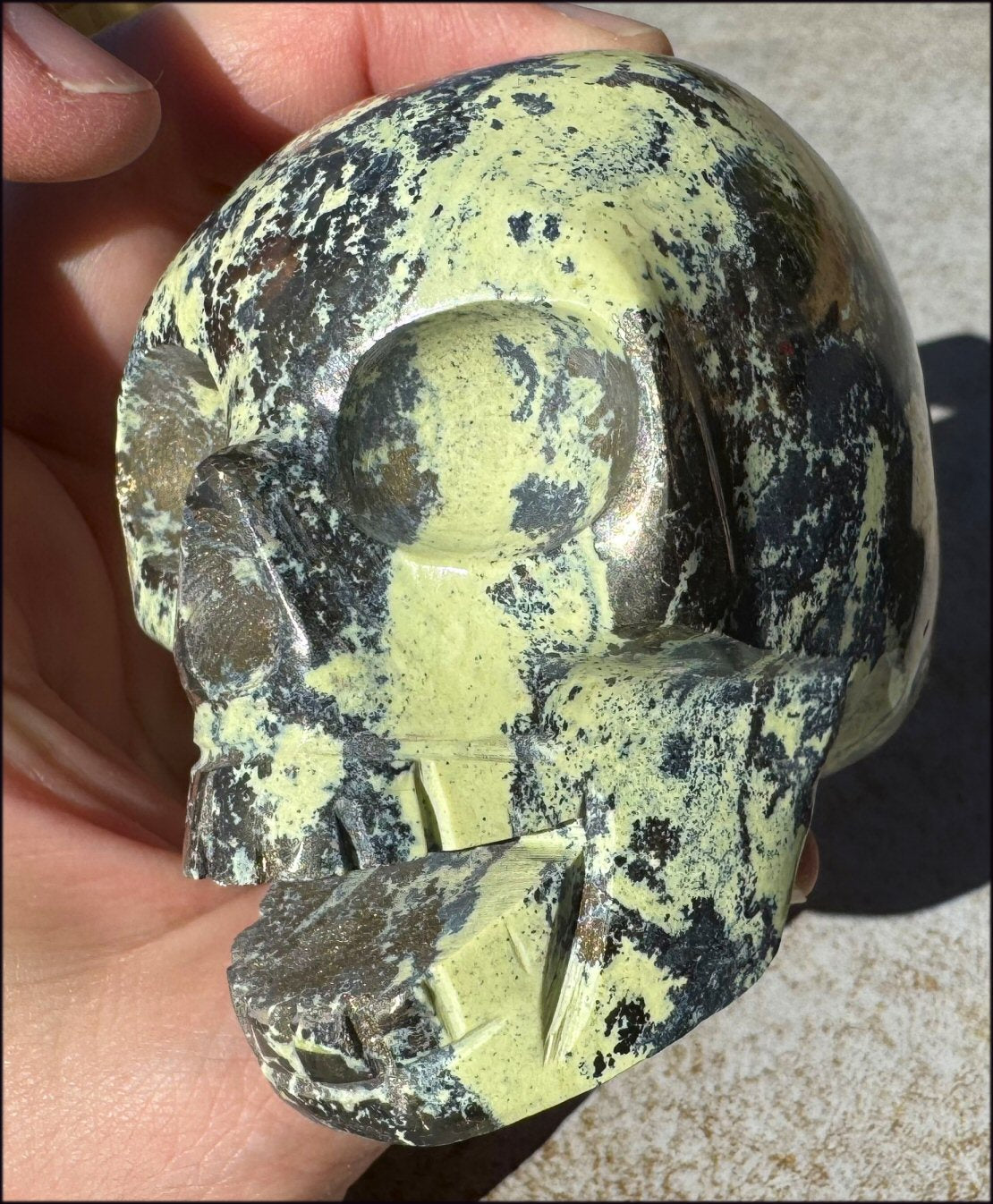 XL Peruvian GREEN Opal Singing Crystal Skull with Fantastic Pyrite inclusions