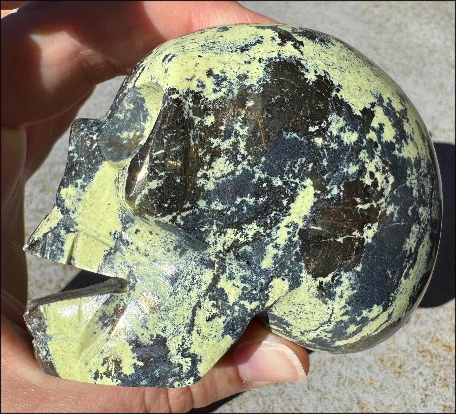 XL Peruvian GREEN Opal Singing Crystal Skull with Fantastic Pyrite inclusions