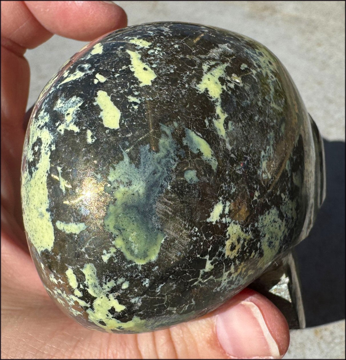 XL Peruvian GREEN Opal Singing Crystal Skull with Fantastic Pyrite inclusions