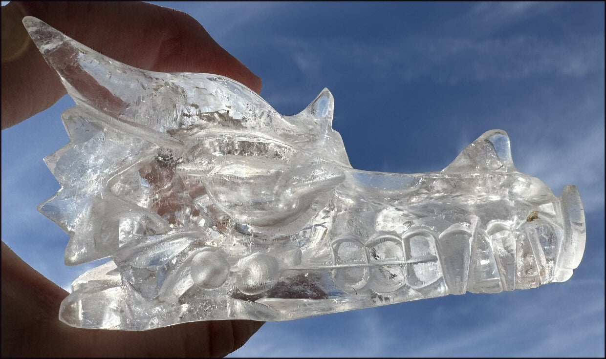 XL Quartz DRAGON Crystal Skull with Hematite, Rainbows - Needs Good Home!