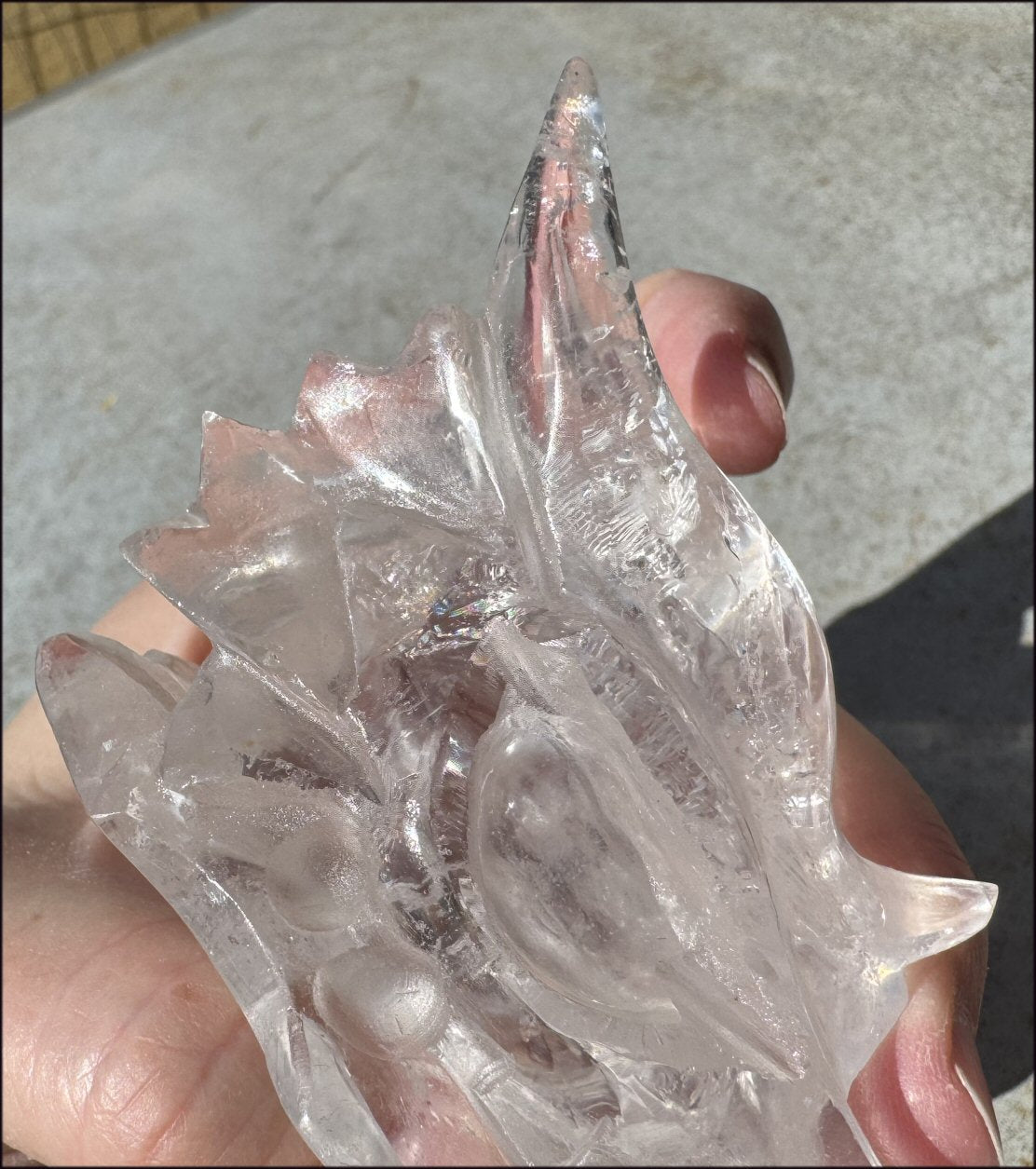 XL Quartz DRAGON Crystal Skull with Hematite, Rainbows - Needs Good Home!