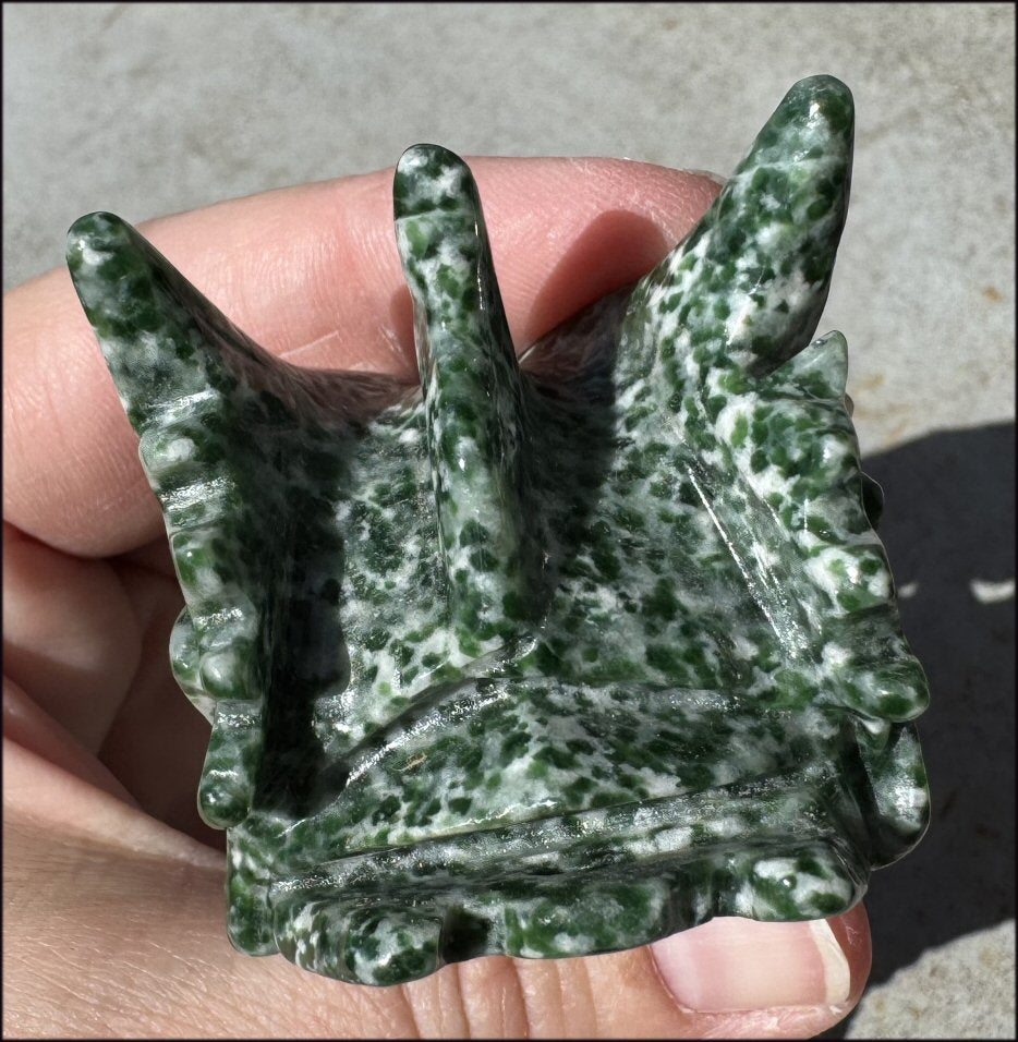 Speckled Green and White JADE Dragon Crystal Skull - Serenity, Heart Chakra