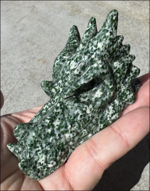 Speckled Green and White JADE Dragon Crystal Skull - Serenity, Heart Chakra