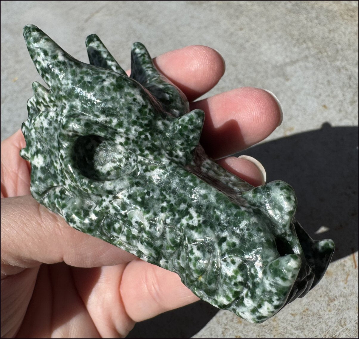 Speckled Green and White JADE Dragon Crystal Skull - Serenity, Heart Chakra