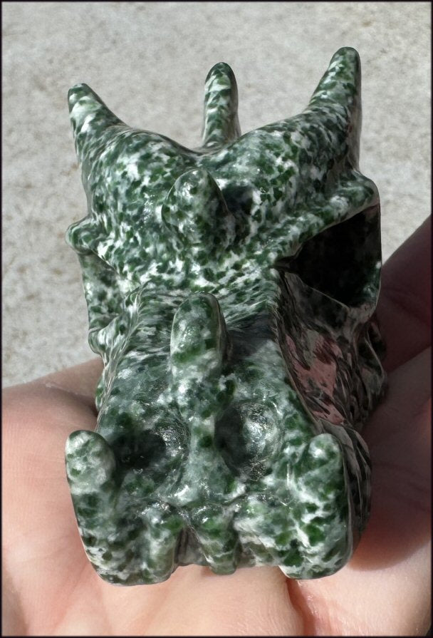 Speckled Green and White JADE Dragon Crystal Skull - Serenity, Heart Chakra