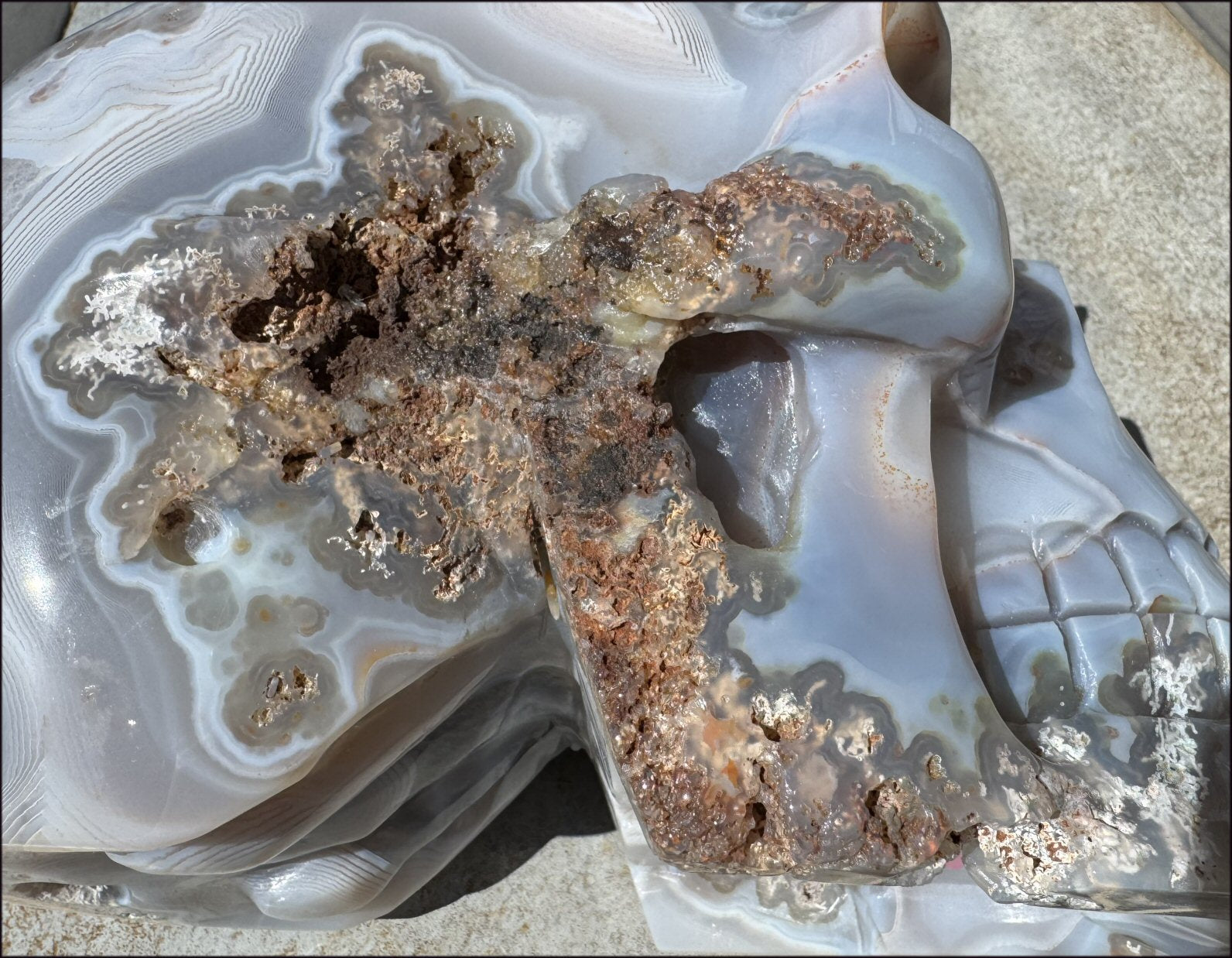 ~OOAK~ LifeSize Plume Agate CRYSTAL SKULL with Vugs, Parallax effect, Fantastic formations - 14lbs+