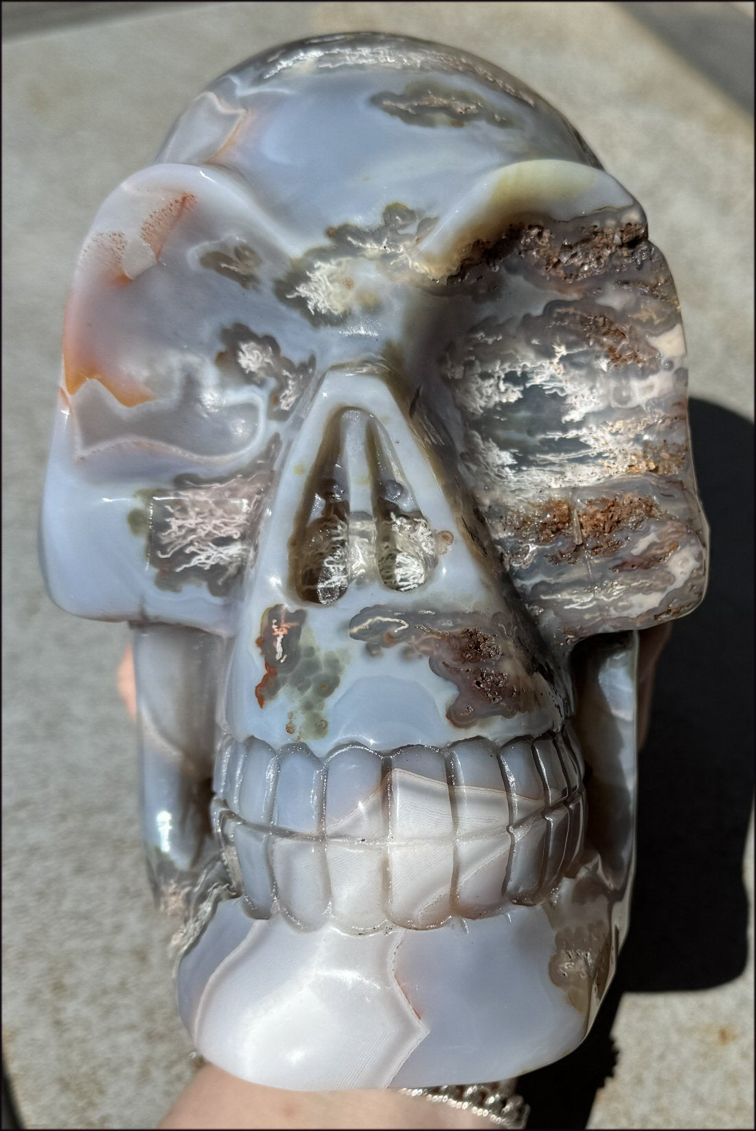 ~OOAK~ LifeSize Plume Agate CRYSTAL SKULL with Vugs, Parallax effect, Fantastic formations - 14lbs+