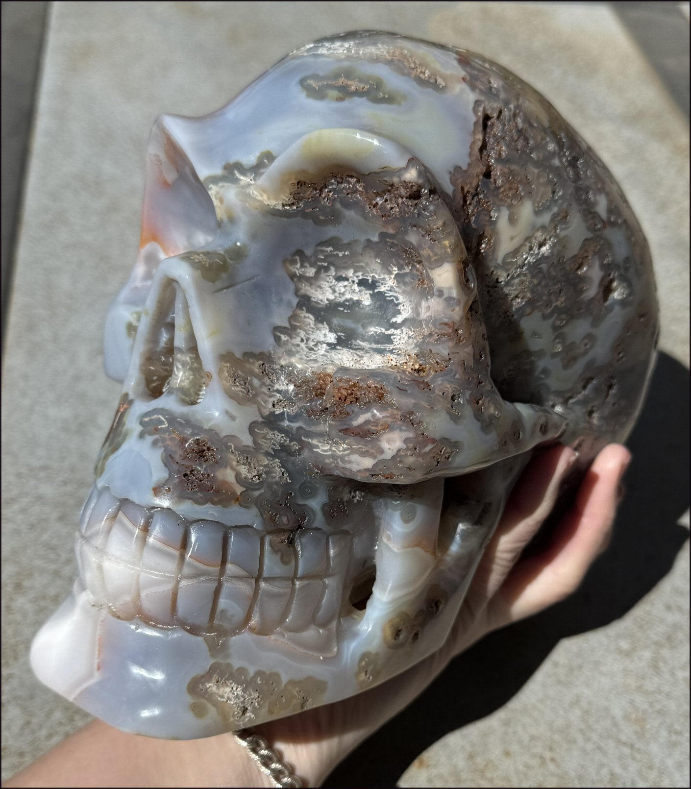 ~OOAK~ LifeSize Plume Agate CRYSTAL SKULL with Vugs, Parallax effect, Fantastic formations - 14lbs+