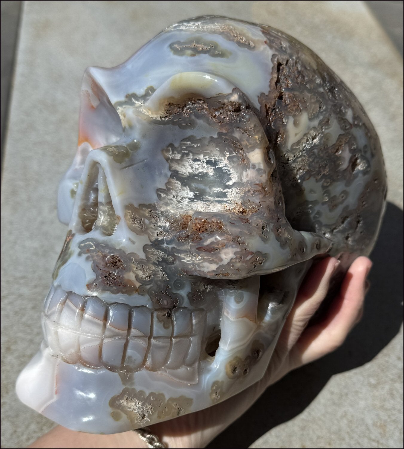 ~OOAK~ LifeSize Plume Agate CRYSTAL SKULL with Vugs, Parallax effect, Fantastic formations - 14lbs+