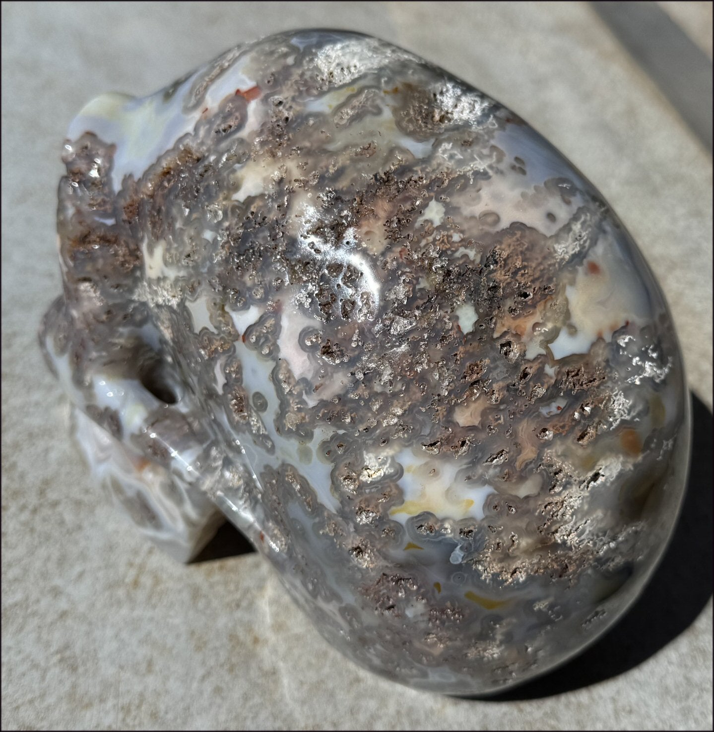 ~OOAK~ LifeSize Plume Agate CRYSTAL SKULL with Vugs, Parallax effect, Fantastic formations - 14lbs+