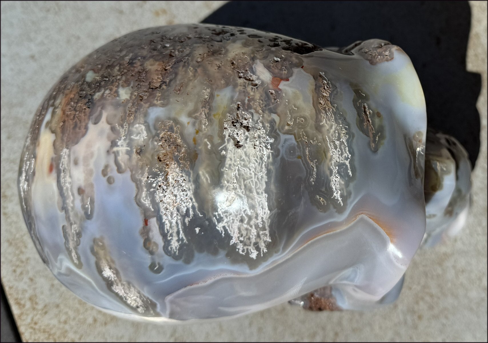 ~OOAK~ LifeSize Plume Agate CRYSTAL SKULL with Vugs, Parallax effect, Fantastic formations - 14lbs+