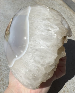 ~Super Sale~ LifeSize Plume Agate GEODE Crystal skull with STUNNING huge Vug, Hematite, Rainbows, Dendritic inclusions