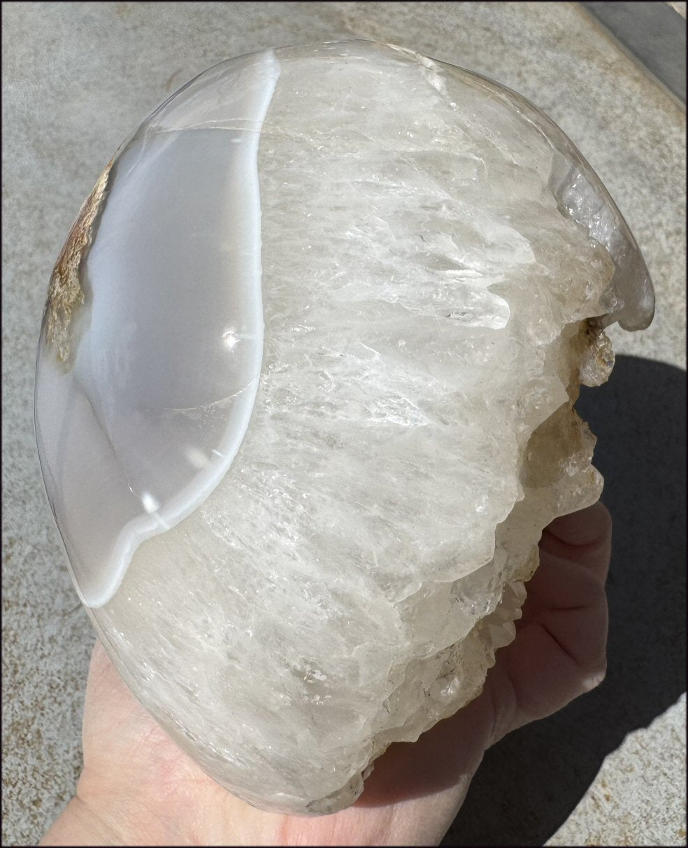 ~Super Sale~ LifeSize Plume Agate GEODE Crystal skull with STUNNING huge Vug, Hematite, Rainbows, Dendritic inclusions