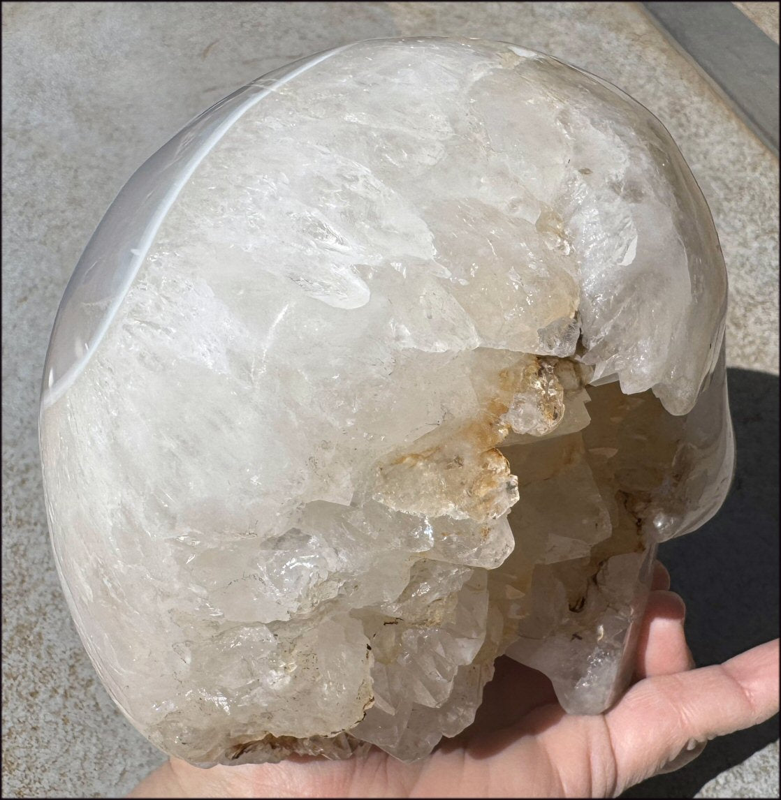 ~Super Sale~ LifeSize Plume Agate GEODE Crystal skull with STUNNING huge Vug, Hematite, Rainbows, Dendritic inclusions