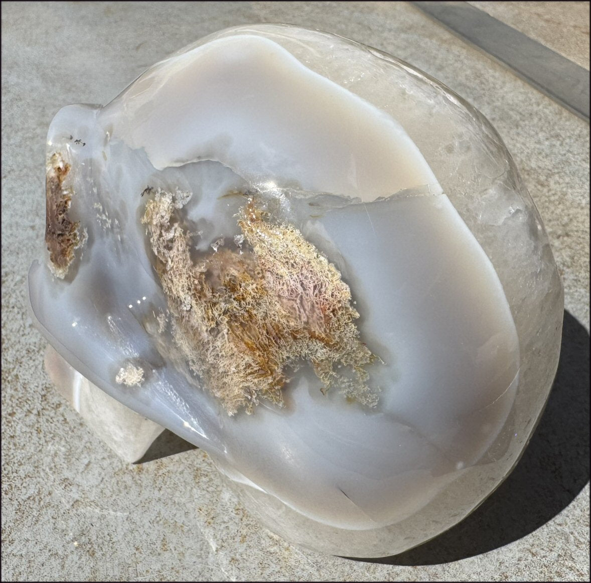 ~Super Sale~ LifeSize Plume Agate GEODE Crystal skull with STUNNING huge Vug, Hematite, Rainbows, Dendritic inclusions